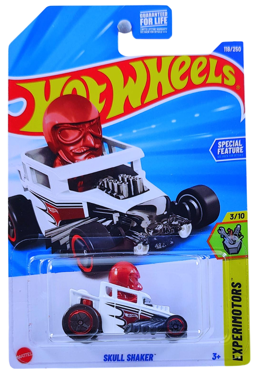 Hot Wheels 2025 - Collector # 118/250 - Experimotors 3/10 - Skull Shaker - White  / Red Figure - USA Card