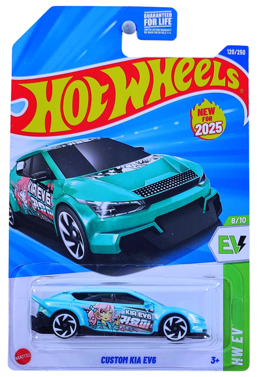 Hot Wheels 2025 - Collector # 120/250 - HW EV 8/10 - New Models - Custom Kia EV6 - Metalflake Aqua - USA Card