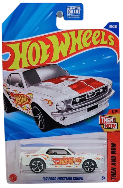Hot Wheels 2025 - Collector # 121/250 - Then and Now 1/10 - '67 Ford Mustang Coupe - White / Red Stripes & Hot Wheels - USA Card