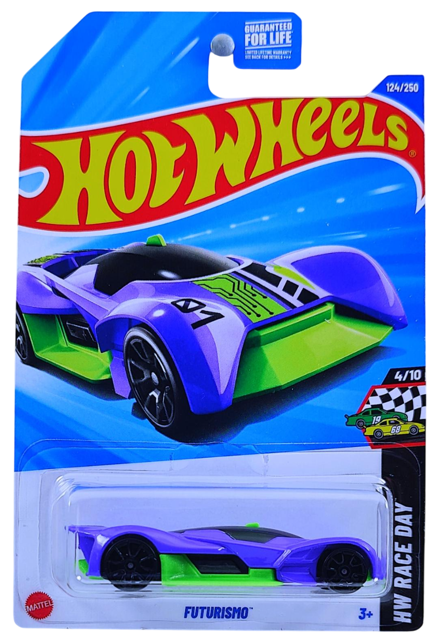 Hot Wheels 2025 - Collector # 124/250 - HW Race Day 4/10 - Futurismo - Purple & Green - Trap 5 Wheels - USA Card