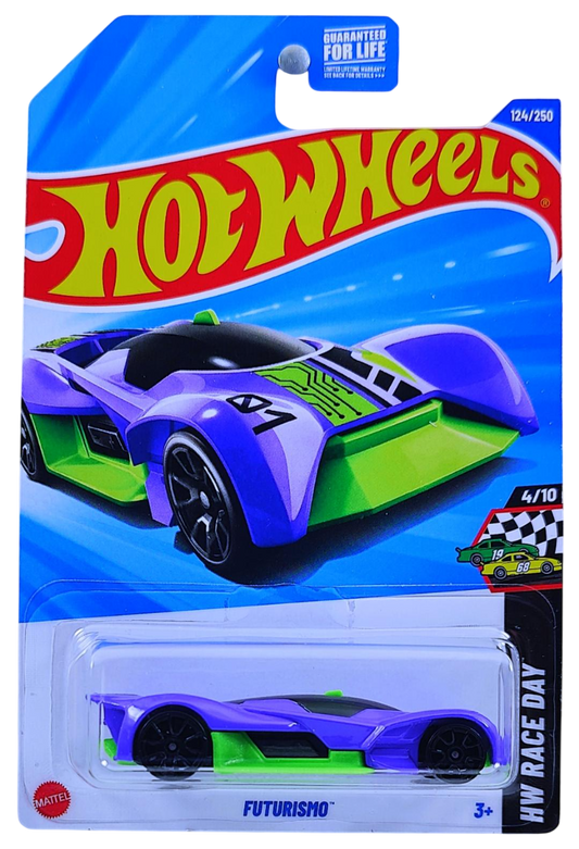 Hot Wheels 2025 - Collector # 124/250 - HW Race Day 4/10 - Futurismo - Purple & Green - Trap 5 Wheels - USA Card