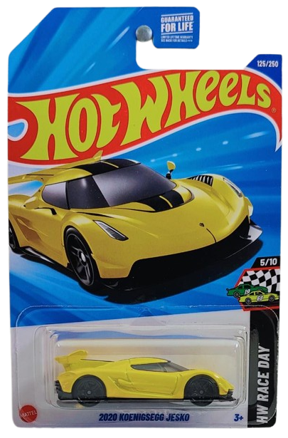 Hot Wheels 2025 - Collector # 125/250 - HW Race Day 5/10 - 2020 Koenigsegg Jesko - Yellow with Black Racing Stripes - Black PR5 Wheels - USA Card