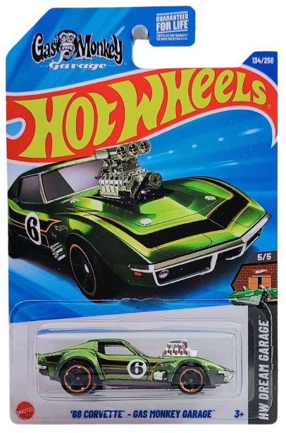 Hot Wheels 2025 - Collector # 134/250 - HW Dream Garage 5/5 - '68 Corvette / Gas Monkey Garage - Metalflake Green / #6 / Black & Gold Scallops - Chrome Orange & Black MC5 Wheels - USA 'Gas Monkey' Card