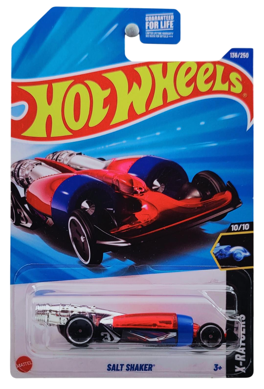 Hot Wheels 2025 - Collector # 136/250 - X-Raycers 10/10 - Salt Shaker - Transparent Red over Blue / #4 - USA Card