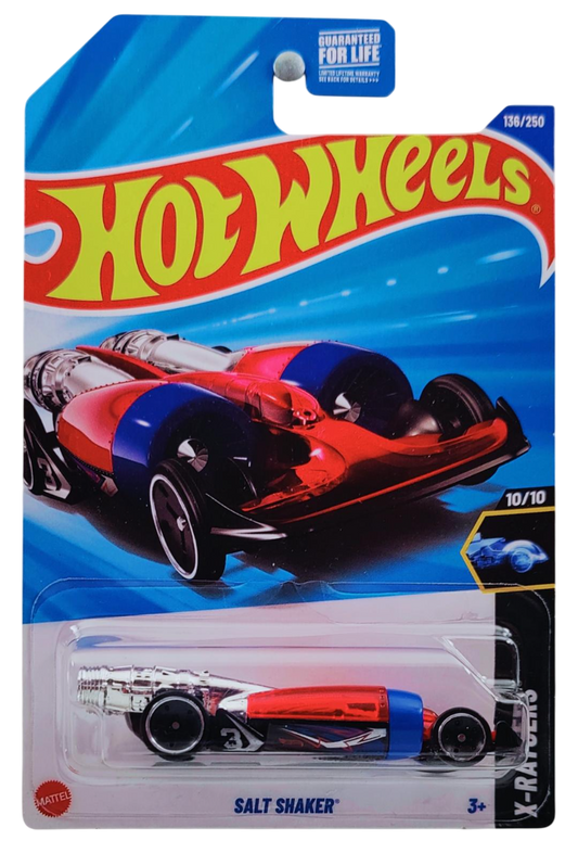 Hot Wheels 2025 - Collector # 136/250 - X-Raycers 10/10 - Salt Shaker - Transparent Red over Blue / #4 - USA Card
