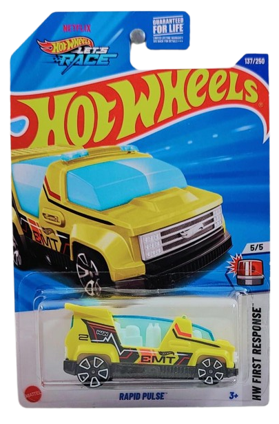 Hot Wheels 2025 - Collector # 137/250 - HW First Response 5/5 - Rapid Pulse - Yellow / EMT - Purple Aero Disc Wheels - USA 'Let's Race' Card