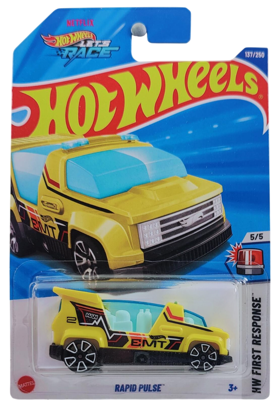 Hot Wheels 2025 - Collector # 137/250 - HW First Response 5/5 - Rapid Pulse - Yellow / EMT - White Trap5 Wheels - International 'Let's Race' Card