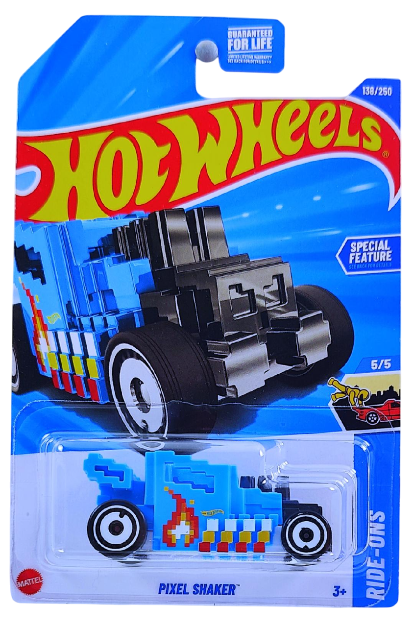 Hot Wheels 2025 - Collector # 138/250 - HW Ride-Ons 5/5 - Pixel Shaker - Blue / Flames - White Aero Disc Wheels - USA Card