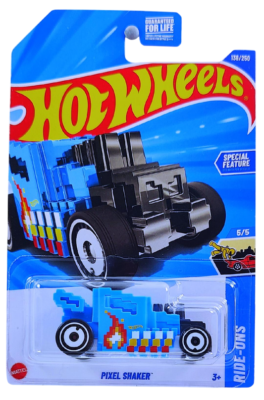 Hot Wheels 2025 - Collector # 138/250 - HW Ride-Ons 5/5 - Pixel Shaker - Blue / Flames - White Aero Disc Wheels - USA Card