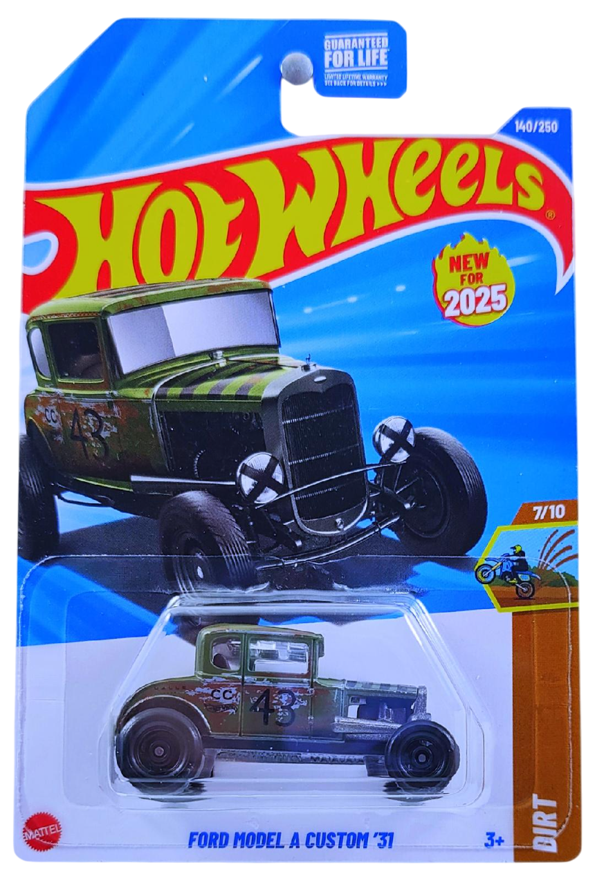 Hot Wheels 2025 - Collector # 140/250 - HW Dirt 7/10 - New Models - Ford Model A Custom '31 - Olive Drab / #43 - Wire in Motion Wheels - USA Card