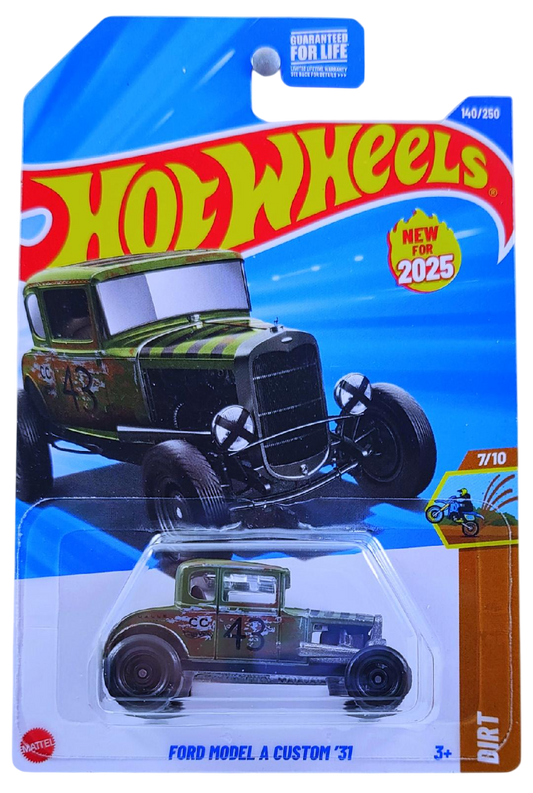 Hot Wheels 2025 - Collector # 140/250 - HW Dirt 7/10 - New Models - Ford Model A Custom '31 - Olive Drab / #43 - Wire in Motion Wheels - USA Card
