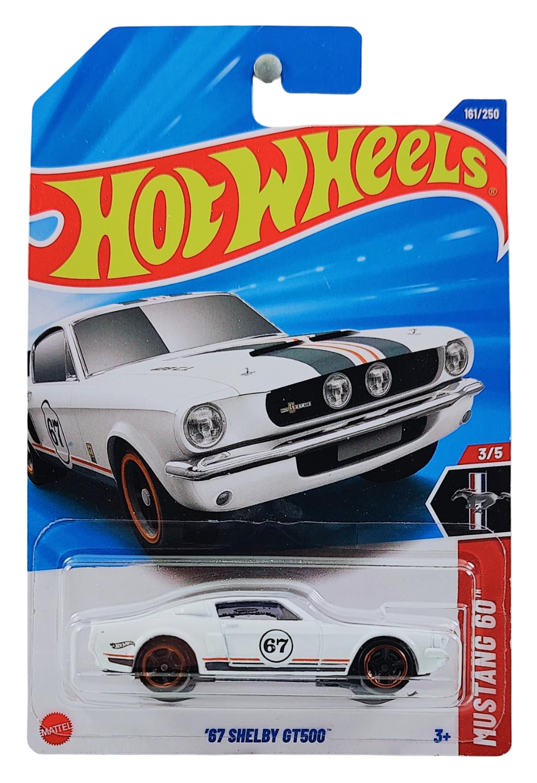 Hot Wheels 2025 - Collector # 161/250 - Mustang 60th 3/5 - '67 Shelby GT500 - White / #67 / Black & Orange Stripes - Muscle Car 5 Spoke Wheels - International Card
