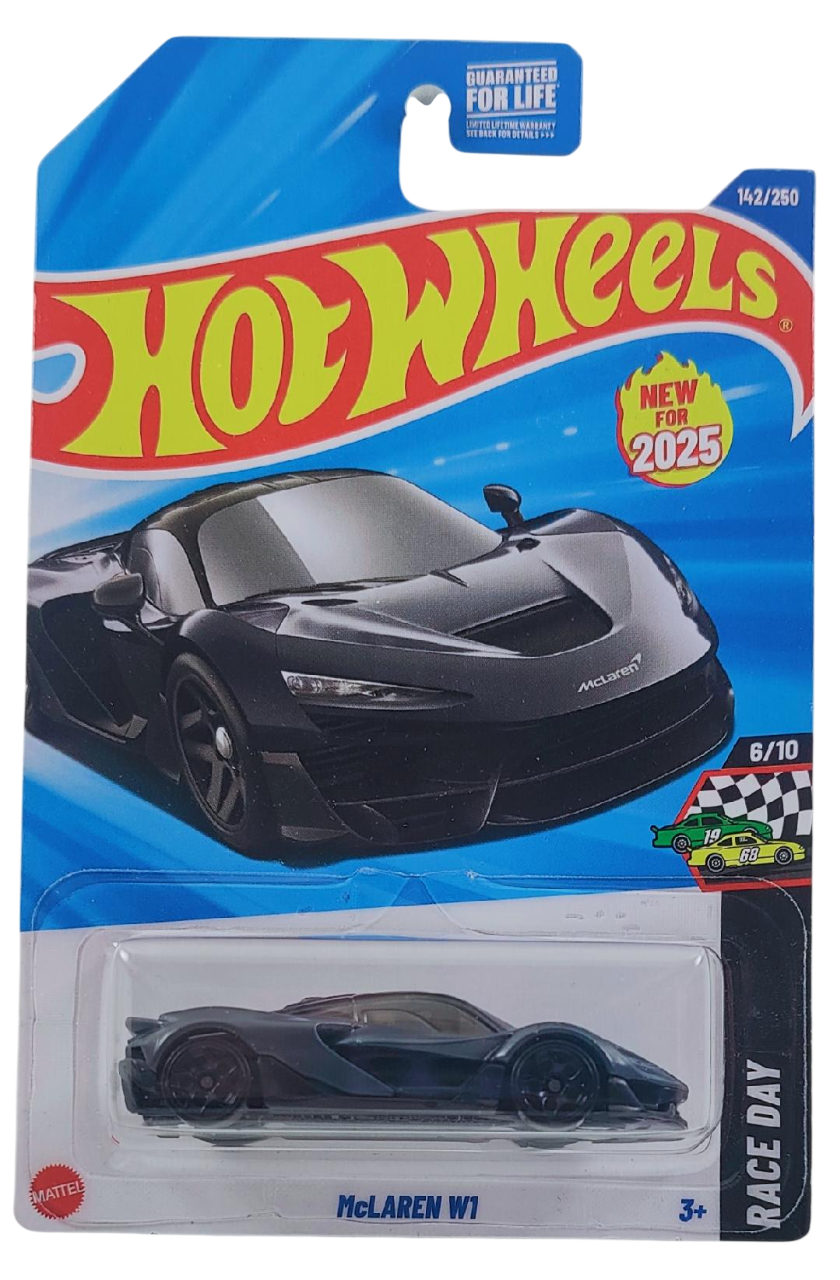 Hot Wheels 2025 - Collector # 142/250 - HW Race Day 6/10 - New Models - McLaren W1 - Satin Graphite Gray - Black Y5 Spoke Wheels - USA Card