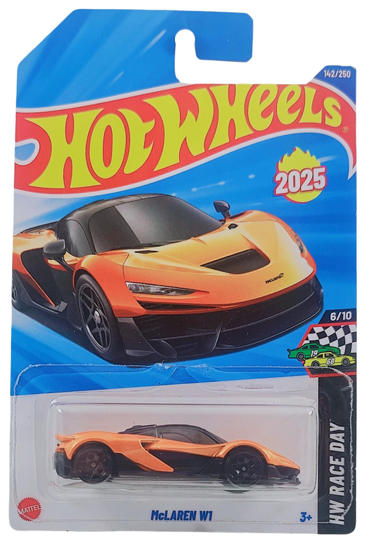 Hot Wheels 2025 - Collector # 142/250 - HW Race Day 6/10 - New Models - McLaren W1 - Papaya Orange - Black Y 5-Spoke Wheels - International Card