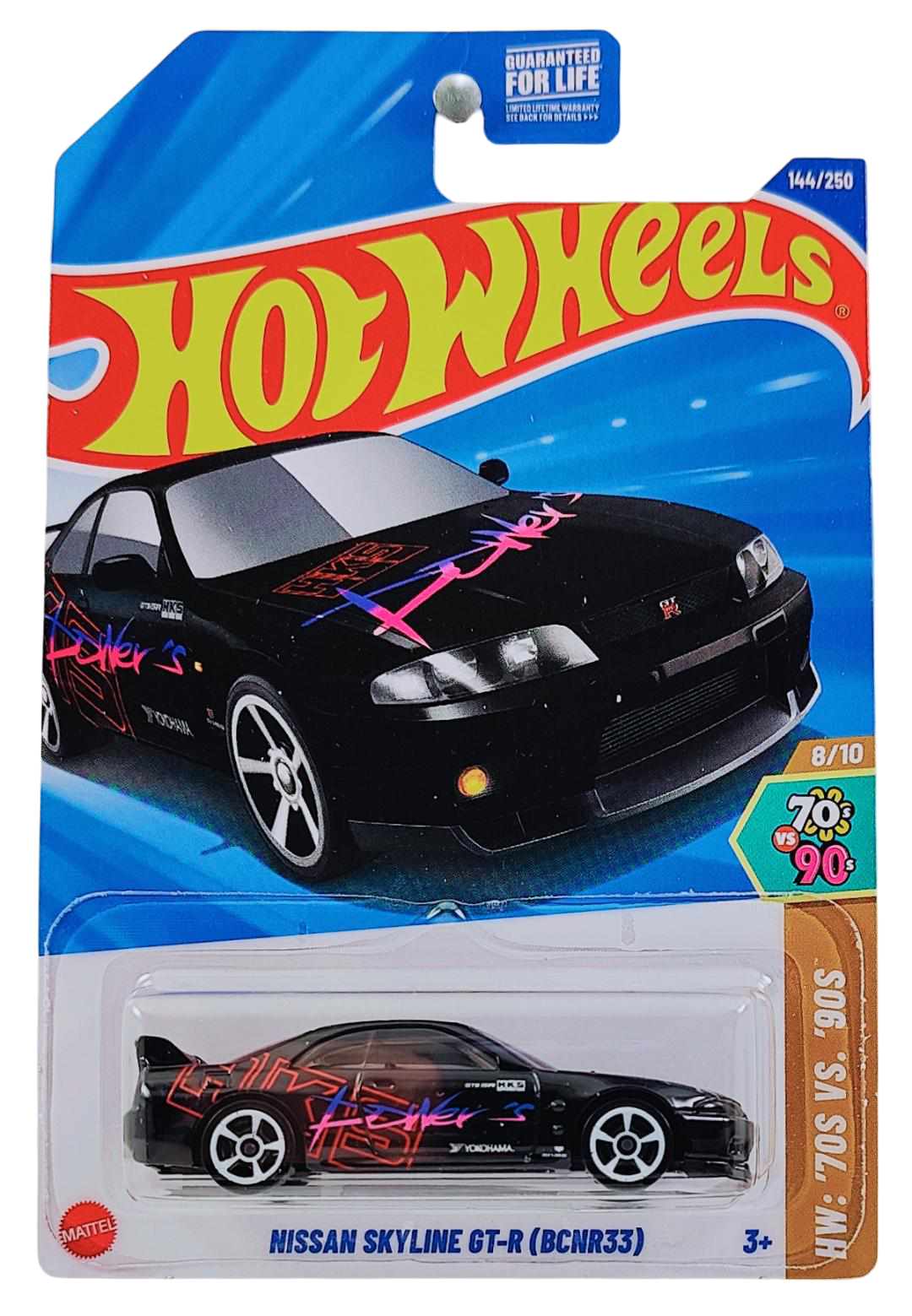Hot Wheels 2025 - Collector # 144/250 - HW: '70s vs. '90s 8/10 - Nissan Skyline GT-R (BCNR33) - Black / HKS Power - USA Card