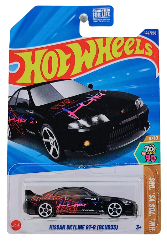 Hot Wheels 2025 - Collector # 144/250 - HW: '70s vs. '90s 8/10 - Nissan Skyline GT-R (BCNR33) - Black / HKS Power - USA Card