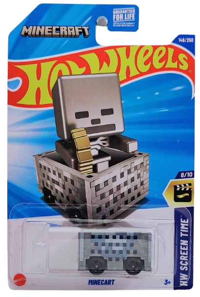 Hot Wheels 2025 - Collector # 146/250 - HW Screen Time 8/10 - Minecart - Gray - Open Hole 5-Spoke Wheels - USA 'Minecraft' Card