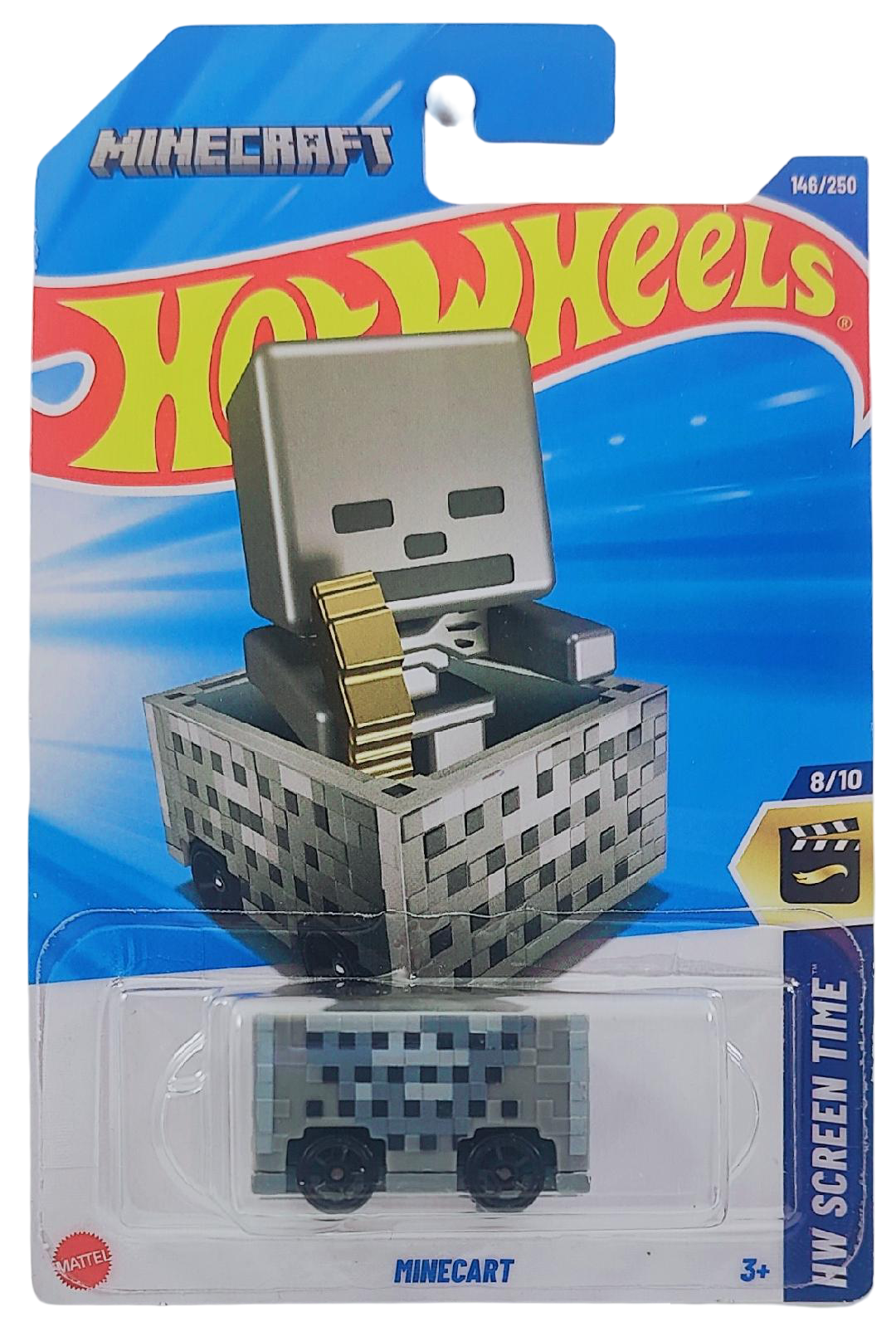 Hot Wheels 2025 - Collector # 146/250 - HW Screen Time 8/10 - Minecart - Gray - Open Hole 5-Spoke Wheels - International 'Minecraft' Card