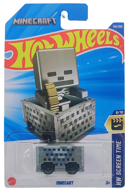 Hot Wheels 2025 - Collector # 146/250 - HW Screen Time 8/10 - Minecart - Gray - Open Hole 5-Spoke Wheels - International 'Minecraft' Card