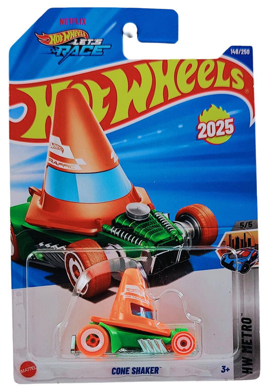 Hot Wheels 2025 - Collector # 148/250 - HW Metro 5/5 - New Model - Cone Shaker - Orange over Green - International 'Let's Race' Card
