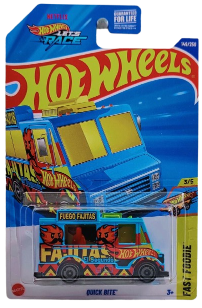 Hot Wheels 2025 - Collector # 149/250 - Fast Foodie 3/5 - Quick Bite - Bright Blue / 'Fuego Fajitas' - Aero Disc Wheels - USA 'Let's Race' Card