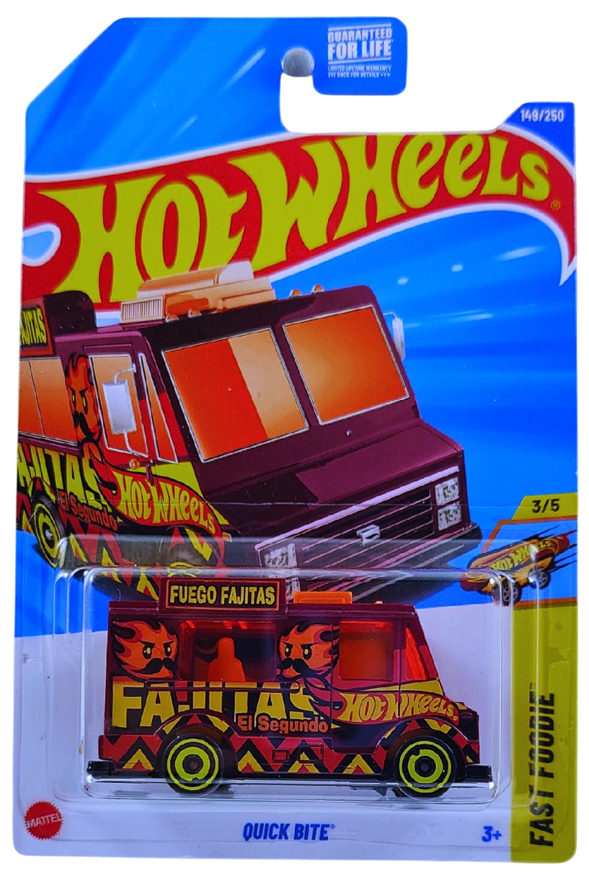 Hot Wheels 2025 - Collector # 149/250 - Fast Foodie 3/5 - Quick Bite - Maroon / 'Fuego Fajitas' - Yellow Aero Disc Wheels - USA Card