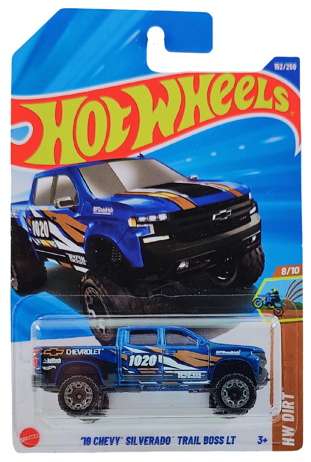 Hot Wheels 2025 - Collector # 152/250 - HW Dirt 8/10 - '19 Chevy Silverado Trail Boss LT - Metalflake Dark Blue - GBLOR Wheels - International Card