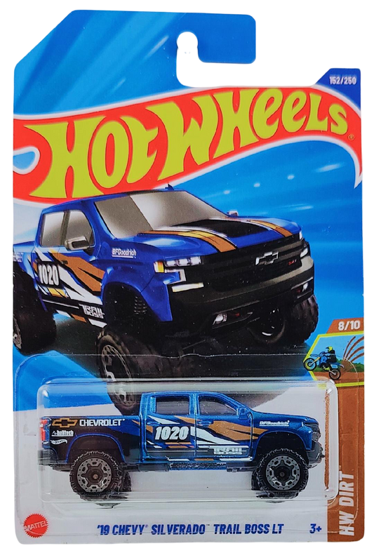 Hot Wheels 2025 - Collector # 152/250 - HW Dirt 8/10 - '19 Chevy Silverado Trail Boss LT - Metalflake Dark Blue - GBLOR Wheels - International Card
