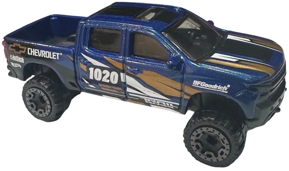 Hot Wheels 2025 - Collector # 152/250 - HW Dirt 8/10 - '19 Chevy Silverado Trail Boss LT - Metalflake Dark Blue - GBLOR Wheels - International Card