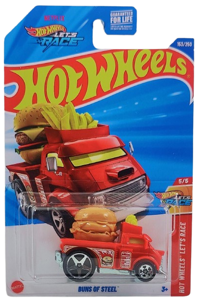 Hot Wheels 2025 - Collector # 153/250 - Hot Wheels Let's Race 5/5 - Buns of Steel - Red / Burger & Fries - 5 Spoke Wheels - USA 'Let's Race'Card