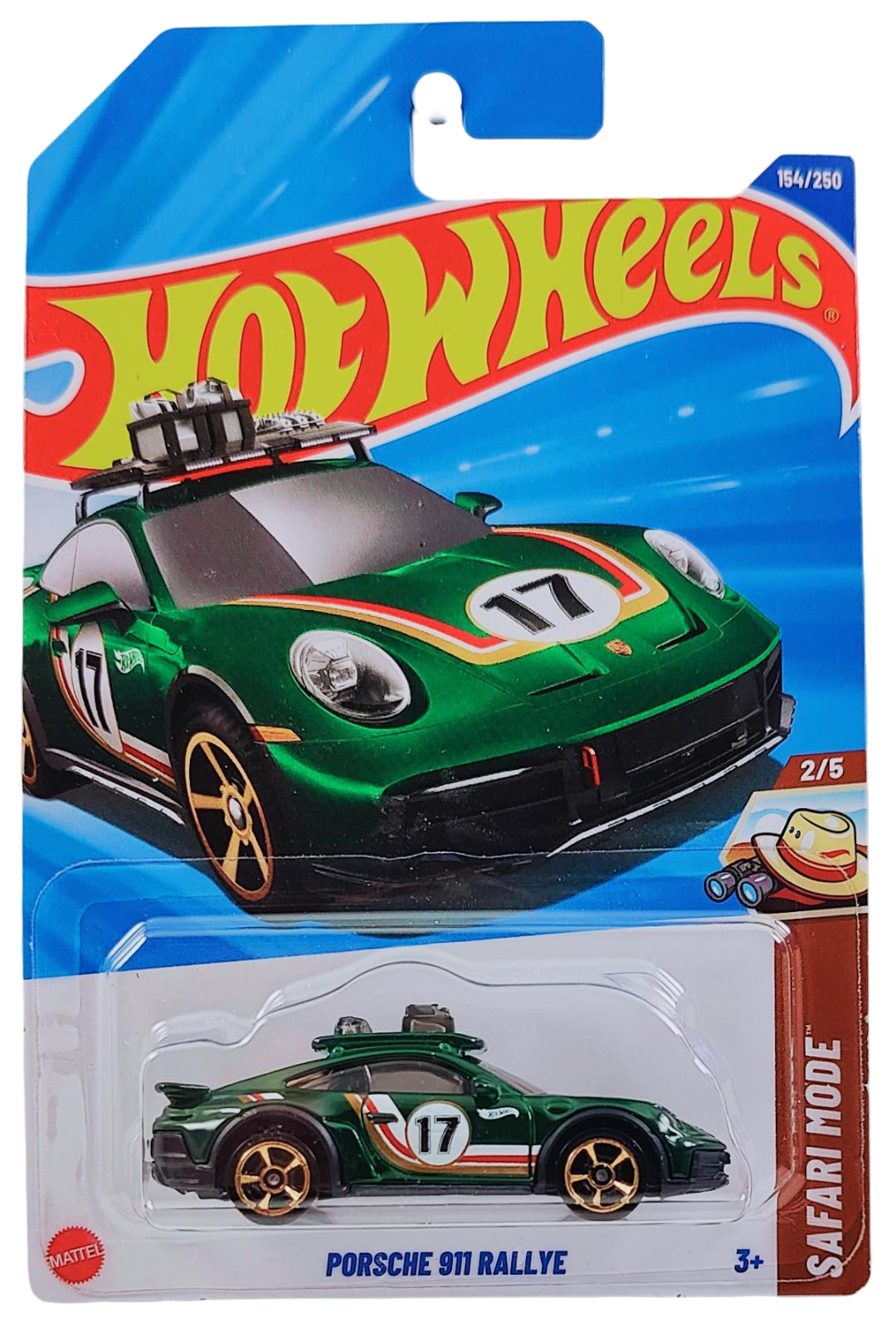 Hot Wheels 2025 - Collector # 154/250 - Safari Mode 2/5 - Porsche 911 Rallye - Dark Green - Muscle Car 5-Spoke Wheels - International Card