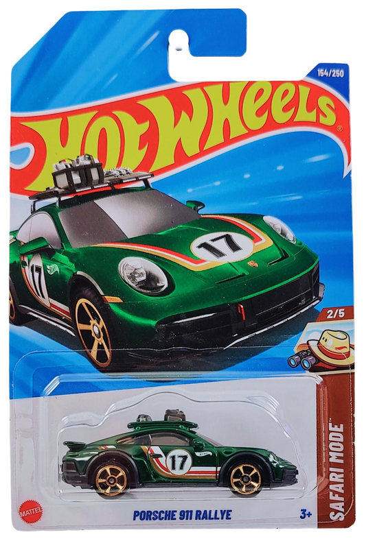 Hot Wheels 2025 - Collector # 154/250 - Safari Mode 2/5 - Porsche 911 Rallye - Dark Green - Muscle Car 5-Spoke Wheels - International Card