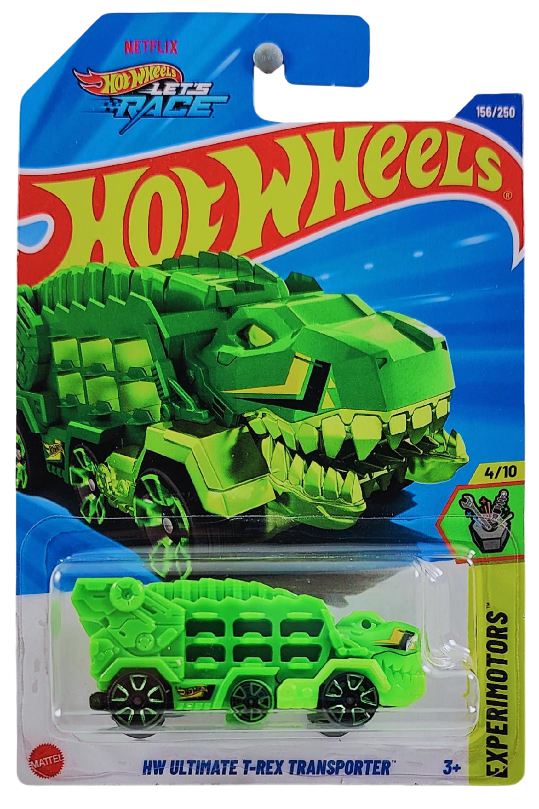Hot Wheels 2025 - Collector # 156/250 - Experimotors 4/10 - HW Ultimate T-Rex Transporter - Green - Green TRAP5 Wheels - International 'Let's Race' Card