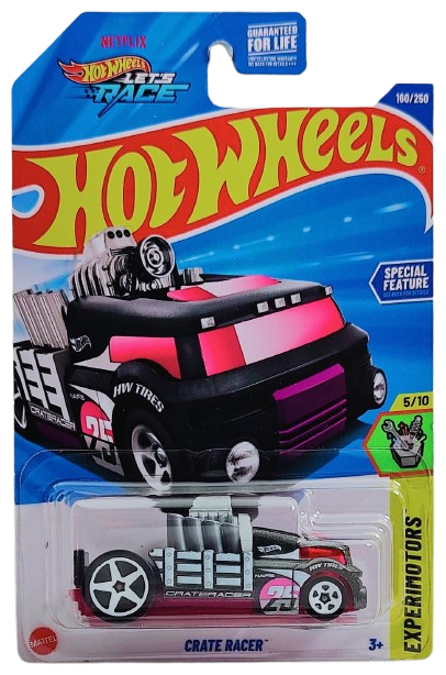Hot Wheels 2025 - Collector # 160/250 - Experimotors 5/10 - Crate Racer - Metalflake Dark Grey - White 5 Spoke Wheels - USA 'Let's Race' Card