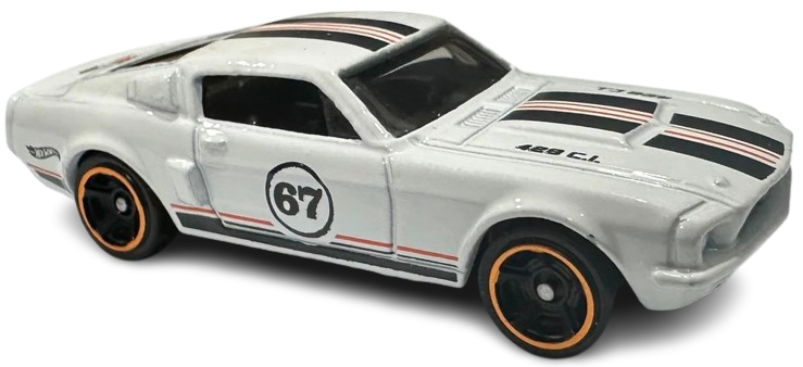 Hot Wheels 2025 - Collector # 161/250 - Mustang 60th 3/5 - '67 Shelby GT500 - White / #67 / Black & Orange Stripes - Muscle Car 5 Spoke Wheels - International Card