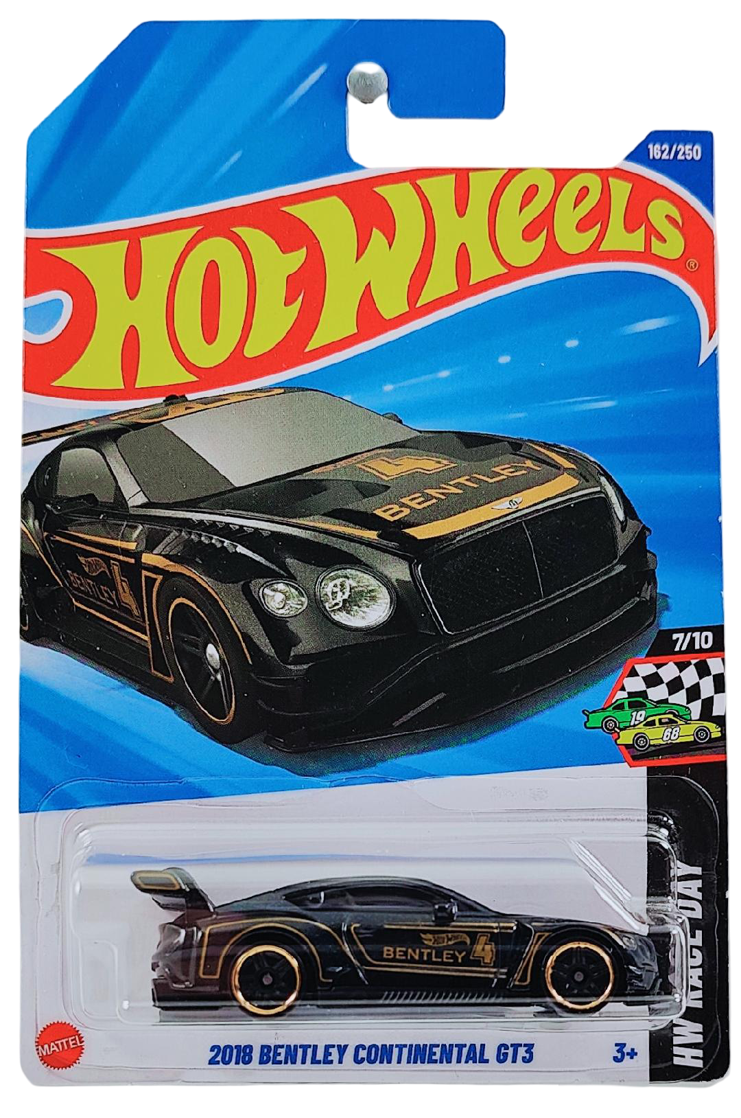 Hot Wheels 2025 - Collector # 162/250 - HW Race Day 7/10 - 2018 Bentley Continental GT3 - Black with Gold Pinstripes - PR5 Wheels - International  Card