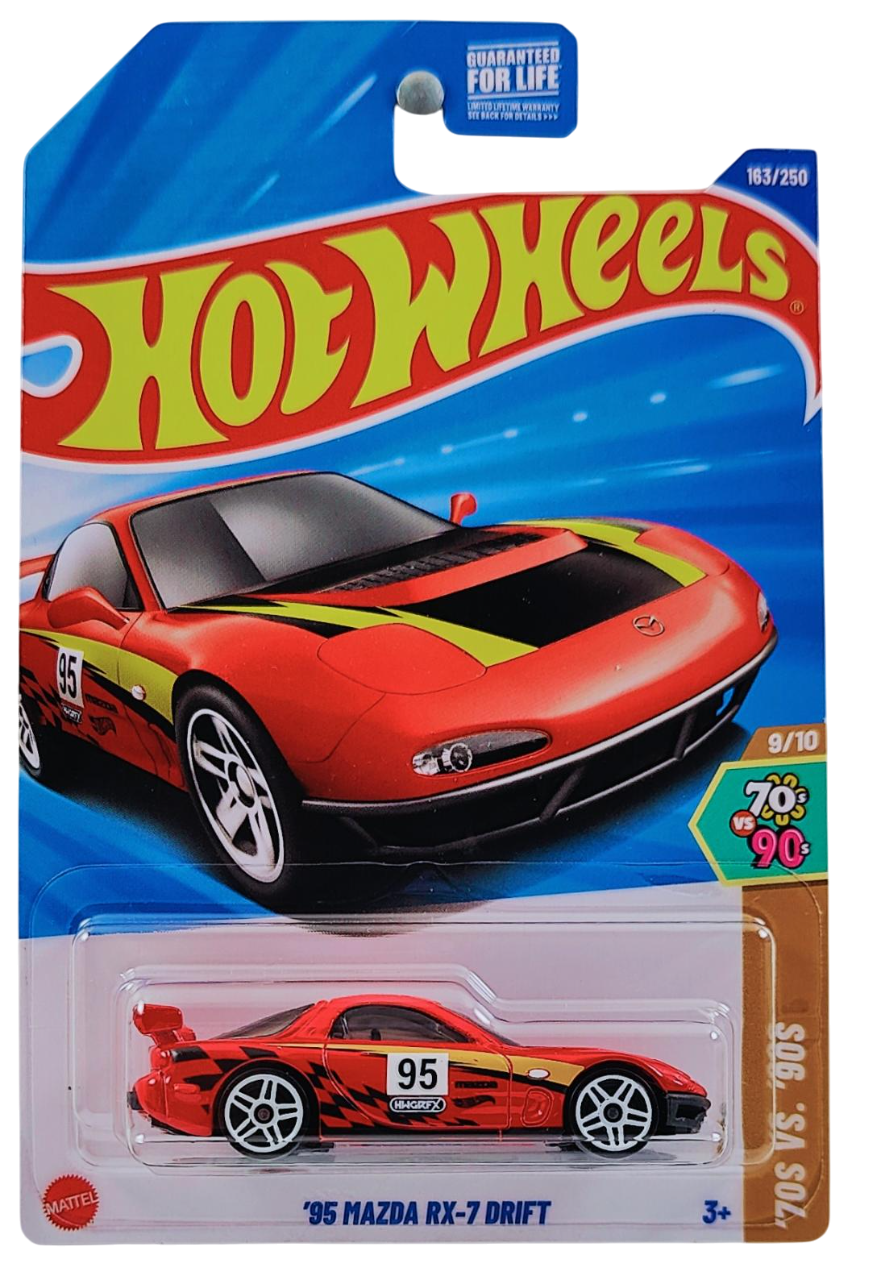 Hot Wheels 2025 - Collector # 163/250 - HW: '70s vs. '90s 9/10 - '95 Mazda RX-7 Drift - Red / #95 - USA Card