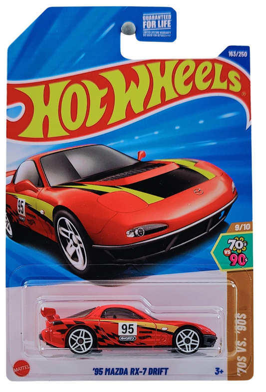 Hot Wheels 2025 - Collector # 163/250 - HW: '70s vs. '90s 9/10 - '95 Mazda RX-7 Drift - Red / #95 - USA Card