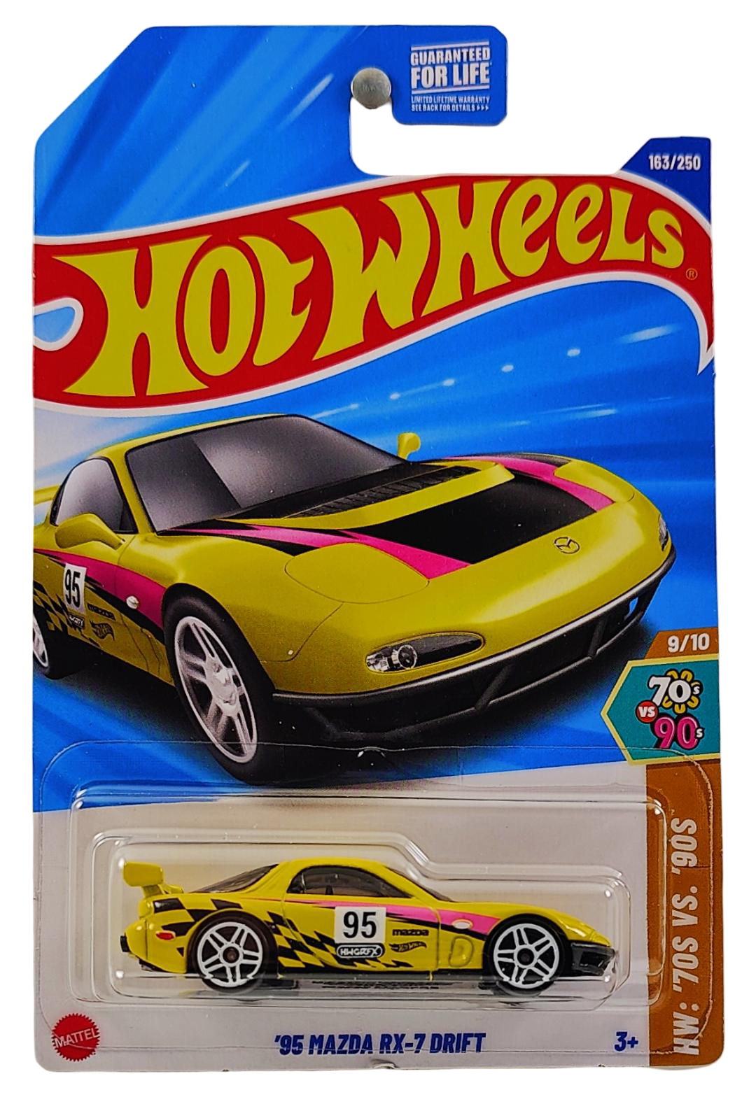 Hot Wheels 2025 - Collector # 163/250 - HW: '70s vs. '90s 9/10 - '95 Mazda RX-7 Drift - Yellow / #95 - USA Card