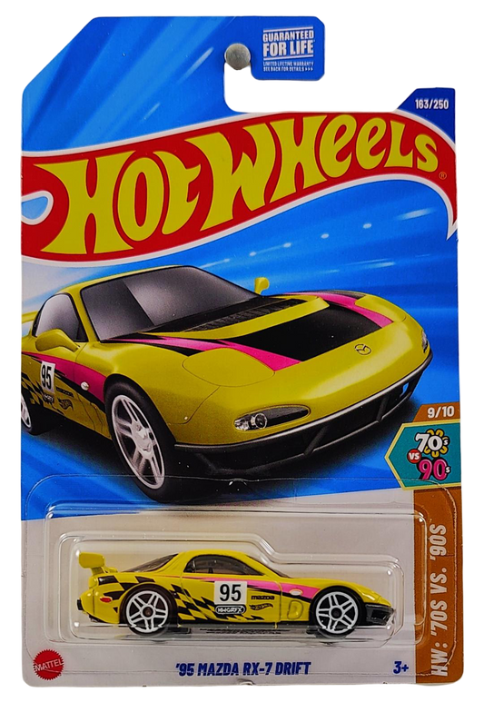 Hot Wheels 2025 - Collector # 163/250 - HW: '70s vs. '90s 9/10 - '95 Mazda RX-7 Drift - Yellow / #95 - USA Card