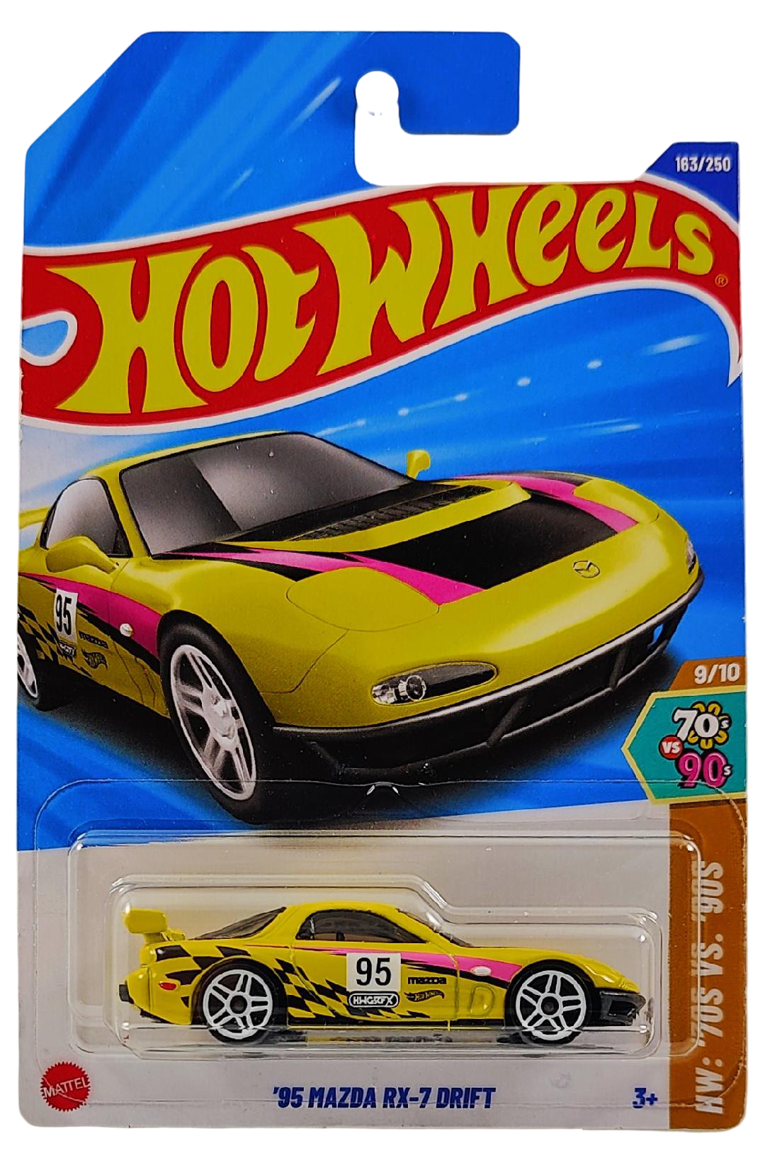 Hot Wheels 2025 - Collector # 163/250 - HW: '70s vs. '90s 9/10 - '95 Mazda RX-7 Drift - Yellow / #95 - International Card