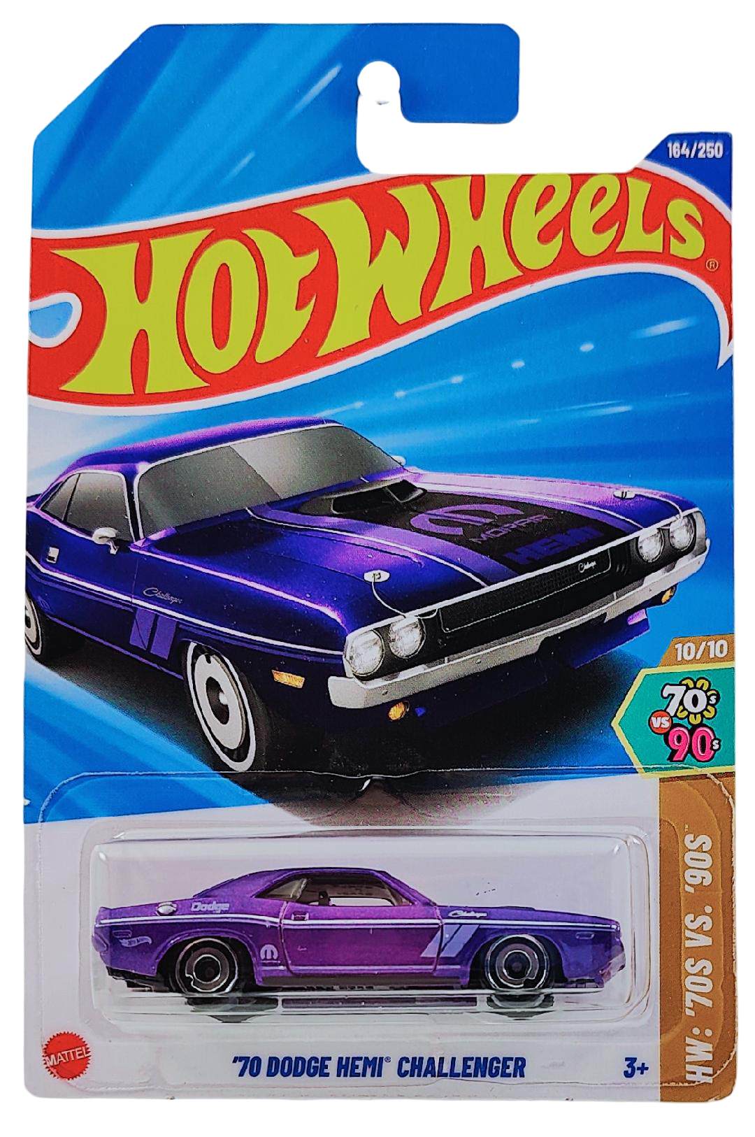Hot Wheels 2025 - Collector # 164/250 - HW: '70s vs. '90s 10/10 - '70 Dodge HEMI Challenger - Purple Metalflake - International Card