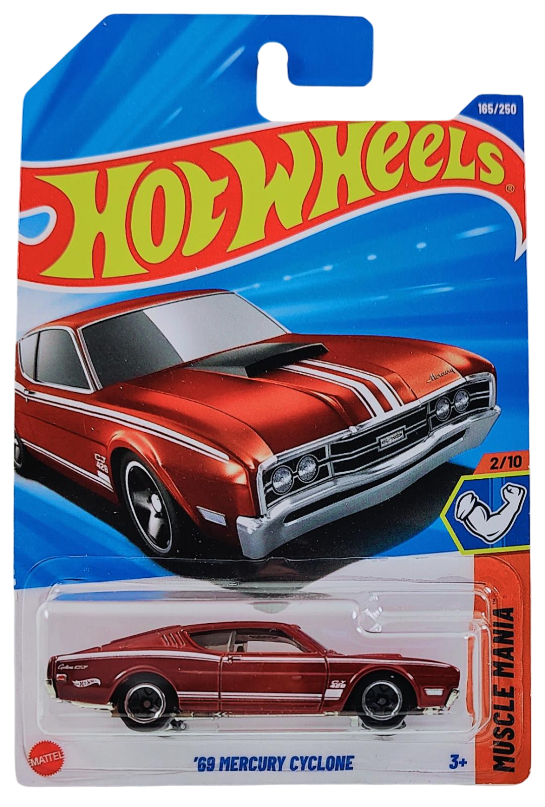 Hot Wheels 2025 - Collector # 165/250 - Muscle Mania 2/10 - '69 Mercury Cyclone - Metalflake Red with White Stripes - Black 5SP Wheels - International Card