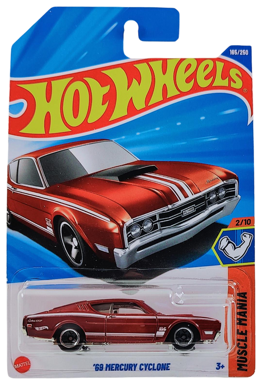 Hot Wheels 2025 - Collector # 165/250 - Muscle Mania 2/10 - '69 Mercury Cyclone - Metalflake Red with White Stripes - Black 5SP Wheels - International Card