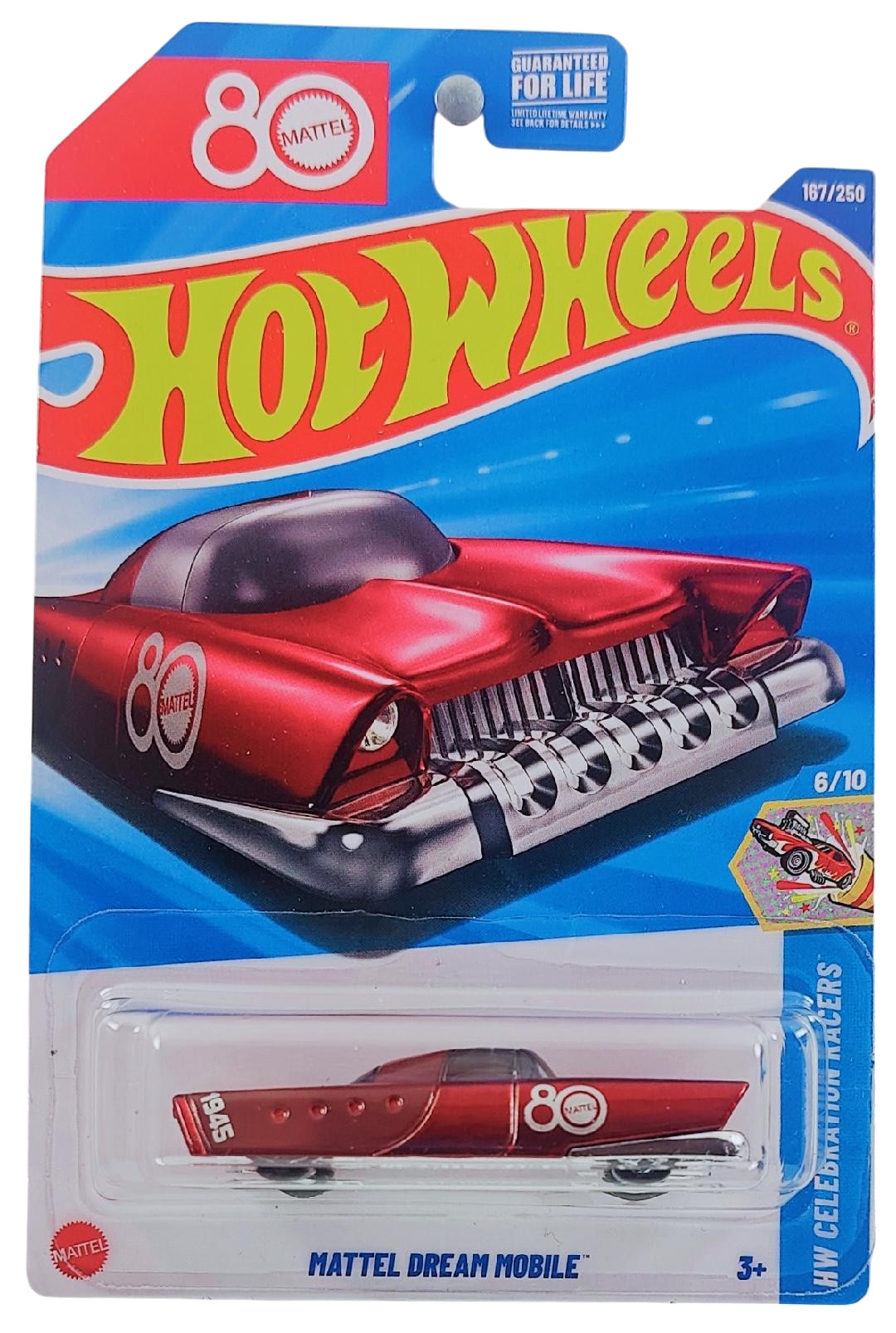 Hot Wheels 2025 - Collector # 167/250 - HW Celebration Racers 6/10 - Mattel Dream Mobile - Metalflake Red with '80' Anniversary Logo - USA '80' Anniversary Logo Card