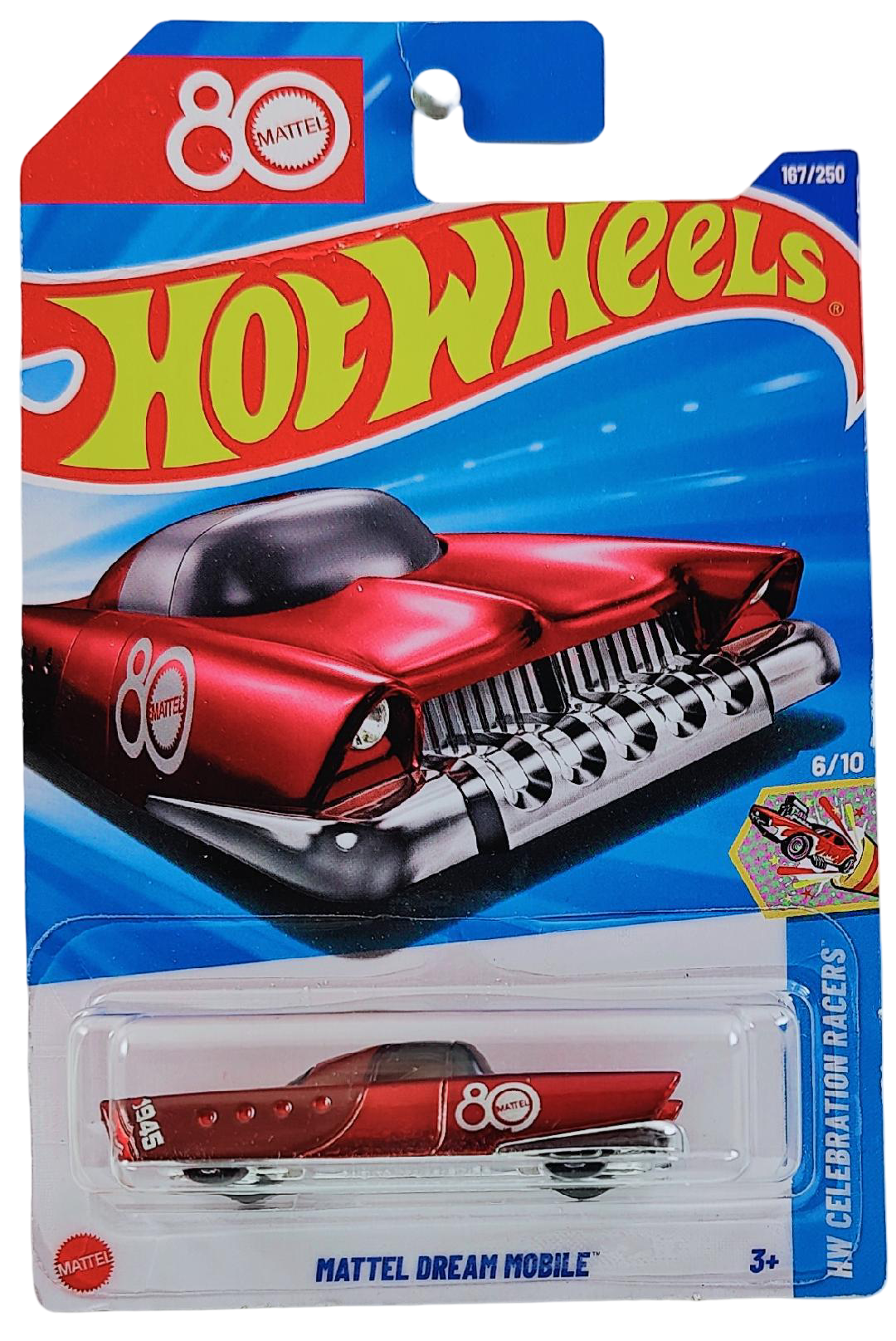 Hot Wheels 2025 - Collector # 167/250 - HW Celebration Racers 6/10 - Mattel Dream Mobile - Metalflake Red with '80' Anniversary Logo - International '80' Anniversary Logo Card