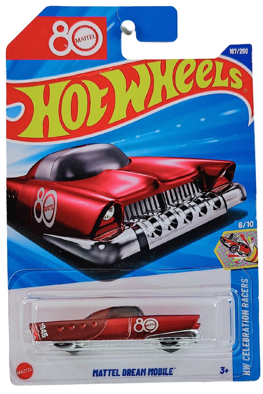 Hot Wheels 2025 - Collector # 167/250 - HW Celebration Racers 6/10 - Mattel Dream Mobile - Metalflake Red with '80' Anniversary Logo - International '80' Anniversary Logo Card