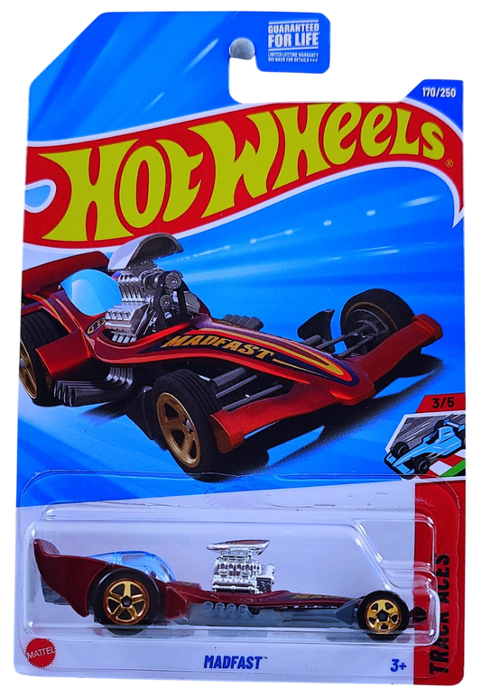 Hot Wheels 2025 - Collector # 170/250 - Track Aces 3/5 - Madfast - Metalflake Dark Red - Copper 5 Spoke Wheels - USA Card