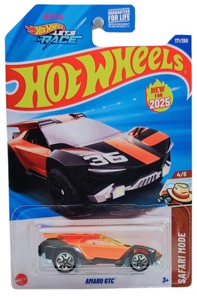 Hot Wheels 2025 - Collector # 171/250 - Safari Mode 4/5 - New Models - Amaru GTC - Neon Orange / Black Fenders / #36 - USA 'Let's Race' Card