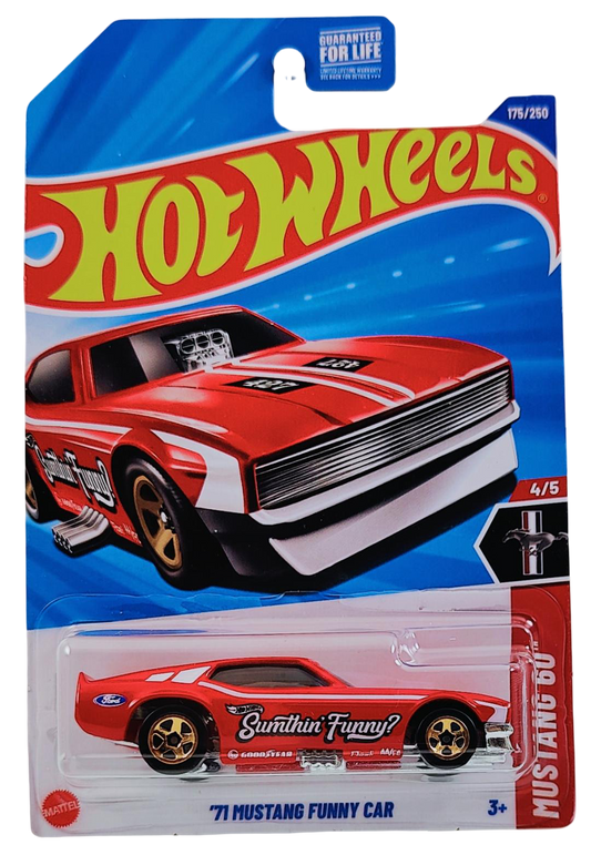 Hot Wheels 2025 - Collector # 175/250 - Mustang 60 4/5 - '71 Mustang Funny Car - Red / Sumthin' Funny? - Copper 5 Spoke Wheels - USA Card